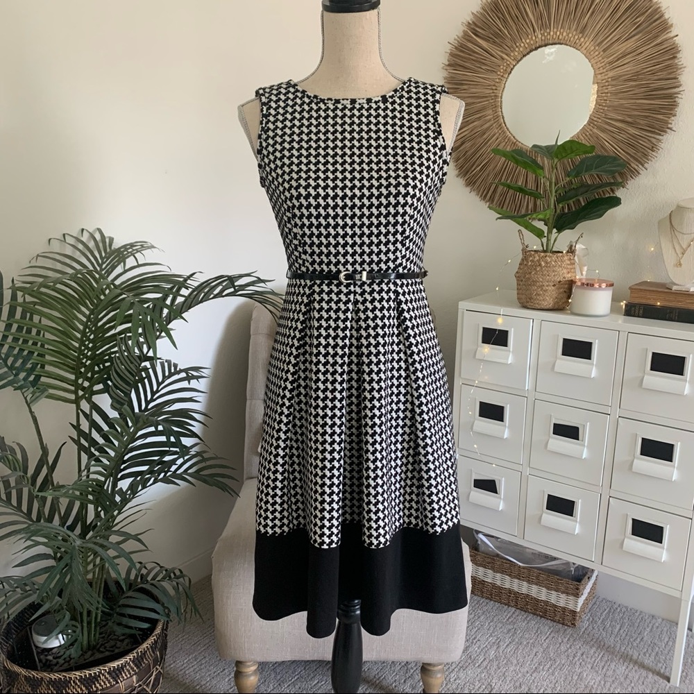 Calvin Klein Black White Houndstooth Belted Sleeveless Fit & Flare Work Dress 2